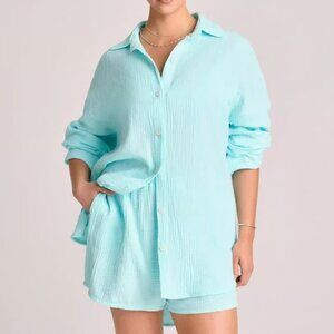 Vitamin A Teal Aqua Gauze Cover Up Button Down Shirt